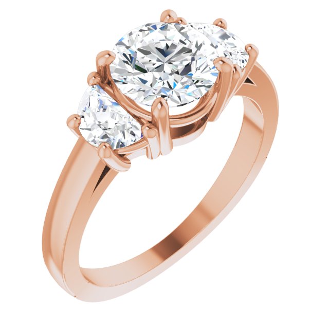 10K Rose Gold Customizable 3-stone Design with Round Cut Center and Half-moon Side Stones