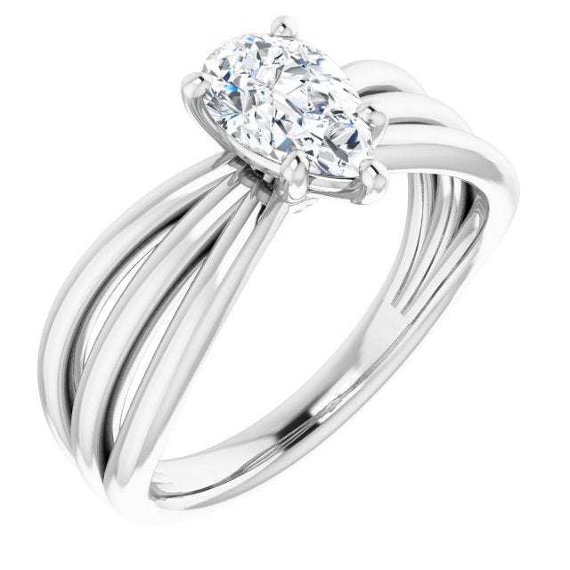 10K White Gold Customizable Pear Cut Solitaire Design with Wide, Ribboned Split-band