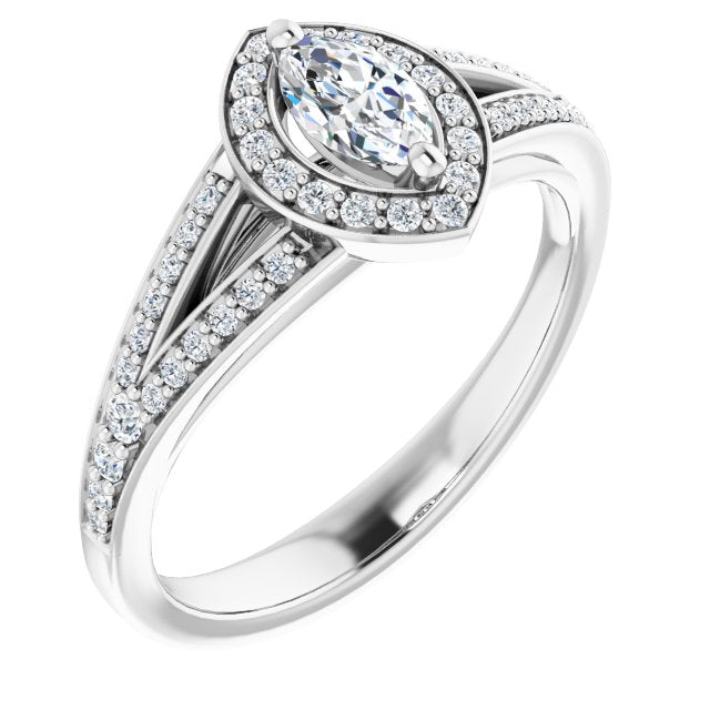 10K White Gold Customizable Cathedral-Halo Marquise Cut Style featuring Split-Shared Prong Band