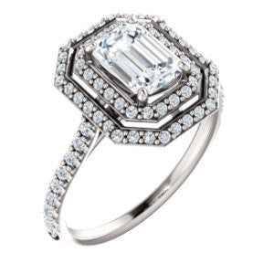 Cubic Zirconia Engagement Ring- The Alisa (Customizable Emerald Cut with Geometric Double Halo)