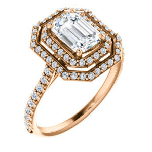 Cubic Zirconia Engagement Ring- The Alisa (Customizable Emerald Cut with Geometric Double Halo)