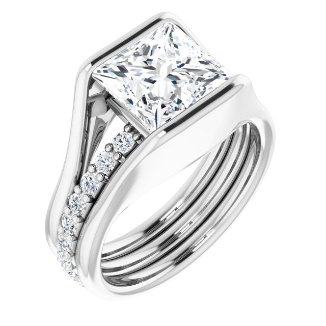 10K White Gold Customizable Bezel-set Princess/Square Cut Style with Thick Pavé Band