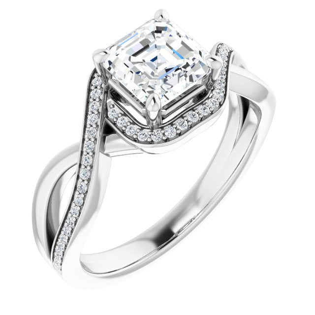 10K White Gold Customizable Bypass-Halo-Accented Asscher Cut Center with Twisting Split Shared Prong Band