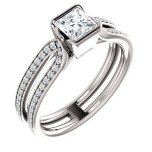 Cubic Zirconia Engagement Ring- The Mariela (Customizable Cathedral-Bezel Princess Cut Style with Wide Straight Split-Pavé Band)