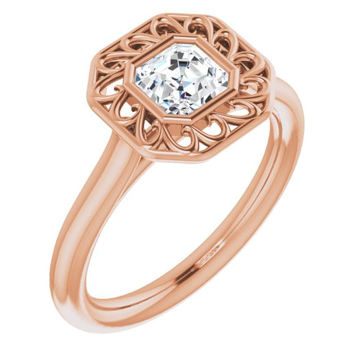 10K Rose Gold Customizable Cathedral-Bezel Style Asscher Cut Solitaire with Flowery Filigree