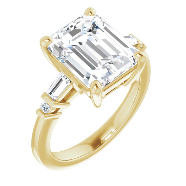 10K Yellow Gold Customizable 5-stone Baguette+Round-Accented Emerald/Radiant Cut Design)