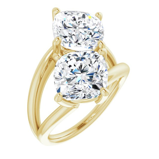 10K Yellow Gold Customizable Two Stone Double Cushion Cut Design with Split Bypass Band