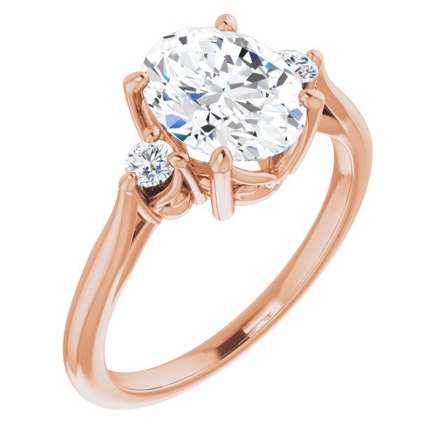 10K Rose Gold Customizable Three-stone Oval Cut Design with Small Round Accents and Vintage Trellis/Basket
