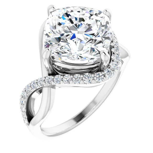 10K White Gold Customizable Cushion Cut Design with Semi-Accented Twisting Infinity Bypass Split Band and Half-Halo