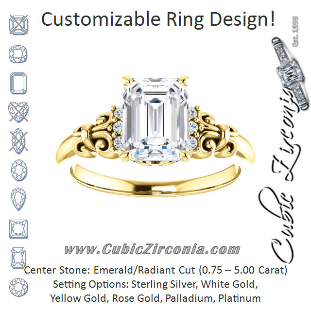 Cubic Zirconia Engagement Ring- The Lark (Customizable 7-stone Emerald Cut Design with Vertical Round-Channel Accents)