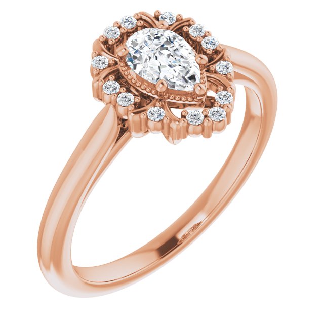 10K Rose Gold Customizable Pear Cut Design with Majestic Crown Halo and Raised Illusion Setting