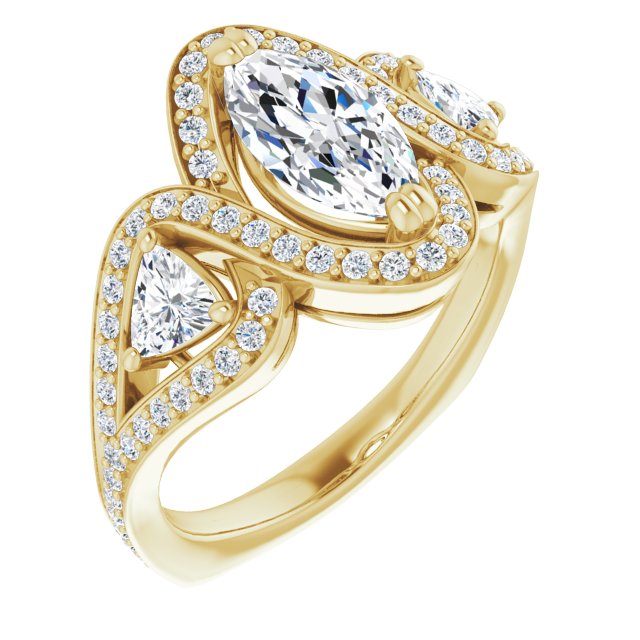 10K Yellow Gold Customizable Marquise Cut Center with Twin Trillion Accents, Twisting Shared Prong Split Band, and Halo