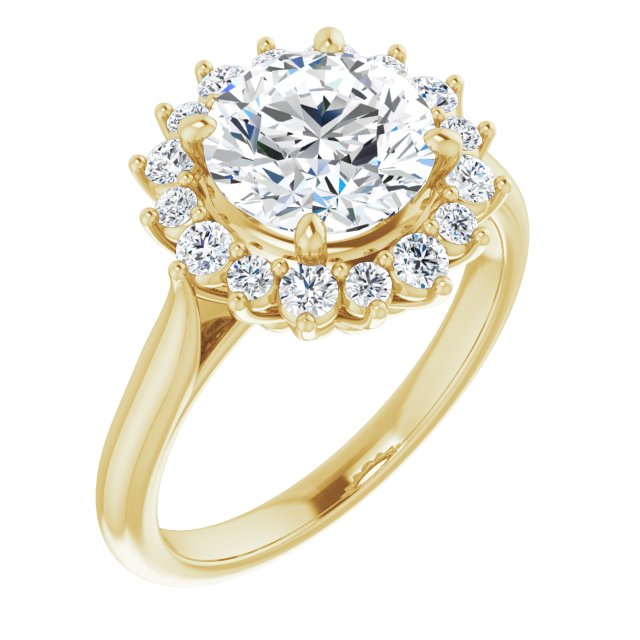 18K Yellow Gold Customizable Crown-Cathedral Round Cut Design with Clustered Large-Accent Halo & Ultra-thin Band