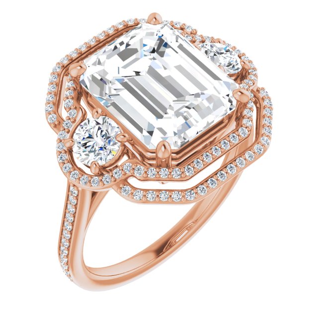 10K Rose Gold Customizable Enhanced 3-stone Double-Halo Style with Emerald/Radiant Cut Center and Thin Band