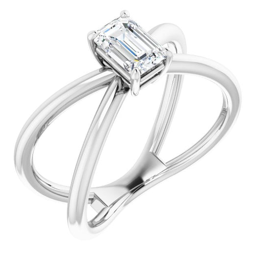 10K White Gold Customizable Emerald/Radiant Cut Solitaire with Semi-Atomic Symbol Band