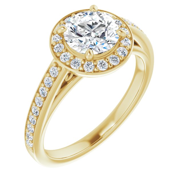 10K Yellow Gold Customizable Round Cut Style with Halo and Sculptural Trellis