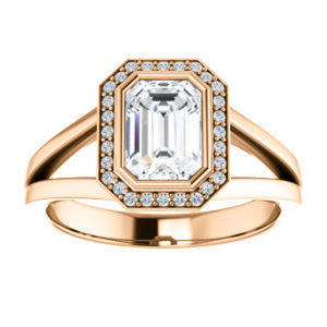 Cubic Zirconia Engagement Ring- The Blondie (Customizable Bezel-set Cathedral-style Emerald Cut with Halo Style and V-Split Band)