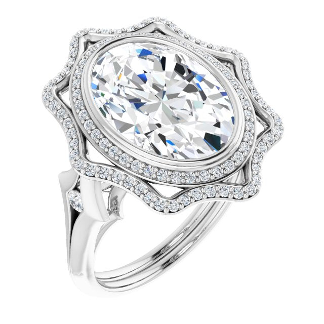 10K White Gold Customizable Cathedral-bezel Oval Cut Design with Floral Double Halo and Channel-Accented Split Band