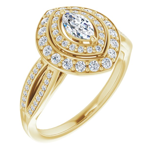 10K Yellow Gold Customizable Cathedral-style Marquise Cut Design with Double Halo & Split-Pavé Band