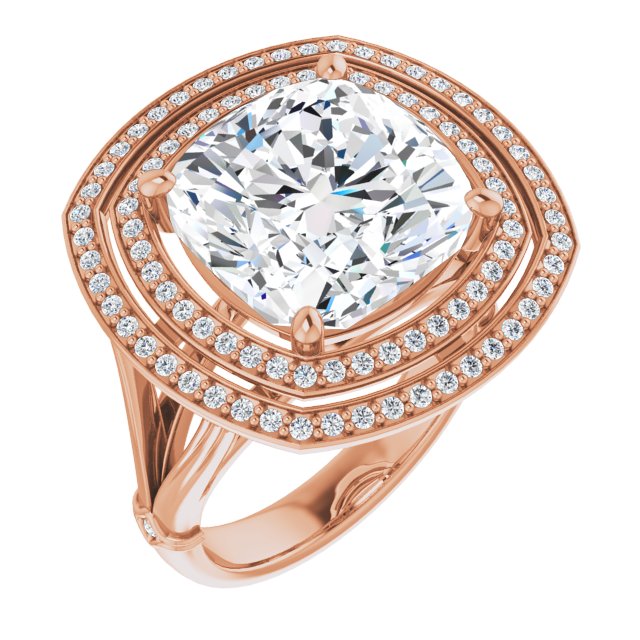 10K Rose Gold Customizable Cathedral-set Cushion Cut Design with Double Halo, Wide Split Band and Side Knuckle Accents