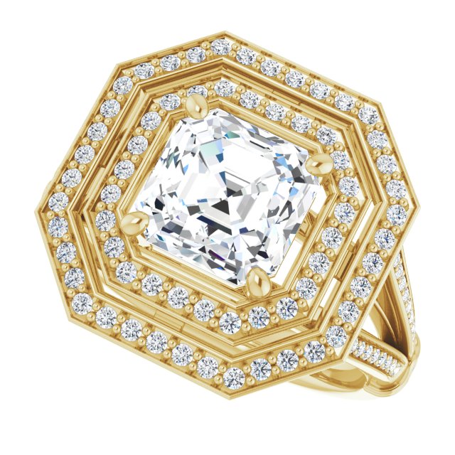 Cubic Zirconia Engagement Ring- The Chaunte (Customizable Cathedral-set Asscher Cut Design with Double Halo, Wide Split-Shared Prong Band and Side Knuckle Accents)