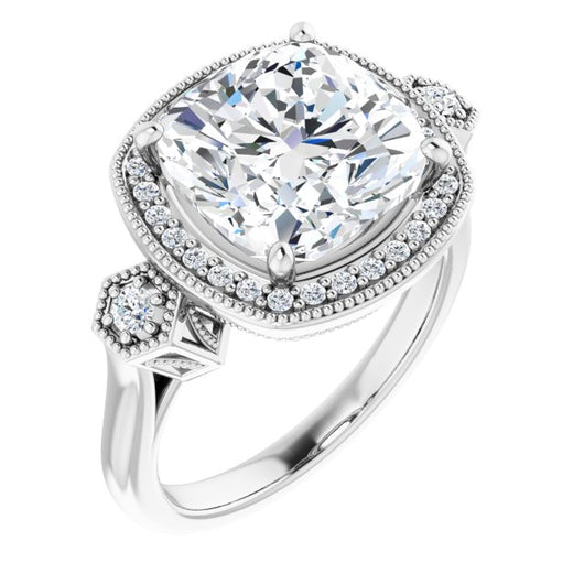 10K White Gold Customizable Cathedral Cushion Cut Design with Halo and Delicate Milgrain