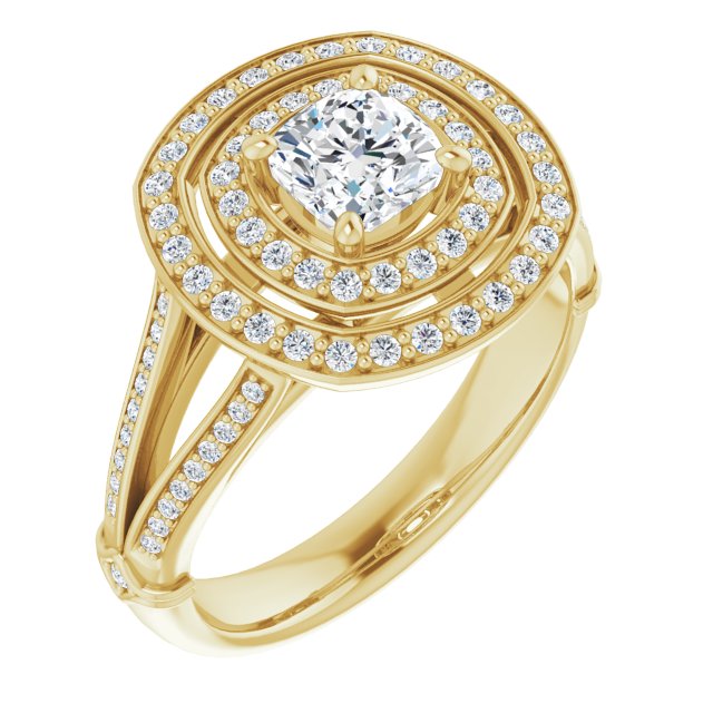 10K Yellow Gold Customizable Cathedral-set Cushion Cut Design with Double Halo, Wide Split-Shared Prong Band and Side Knuckle Accents