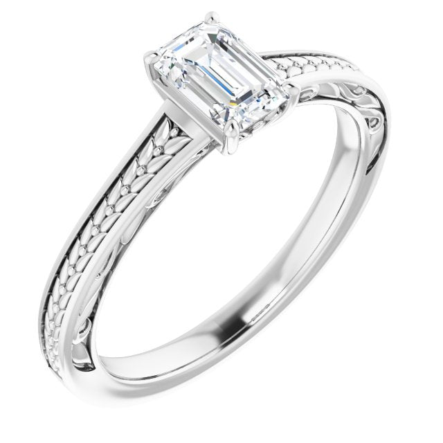 10K White Gold Customizable Emerald/Radiant Cut Solitaire with Organic Textured Band and Decorative Prong Basket