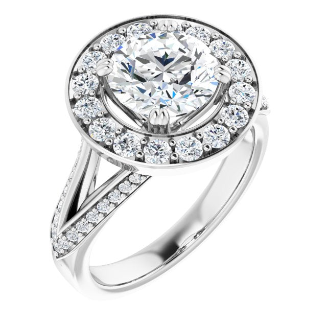 14K White Gold Customizable Round Cut Center with Large-Accented Halo and Split Shared Prong Band