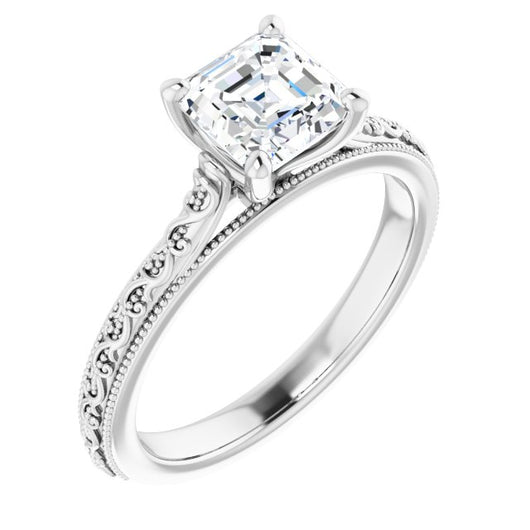 10K White Gold Customizable Asscher Cut Solitaire with Delicate Milgrain Filigree Band