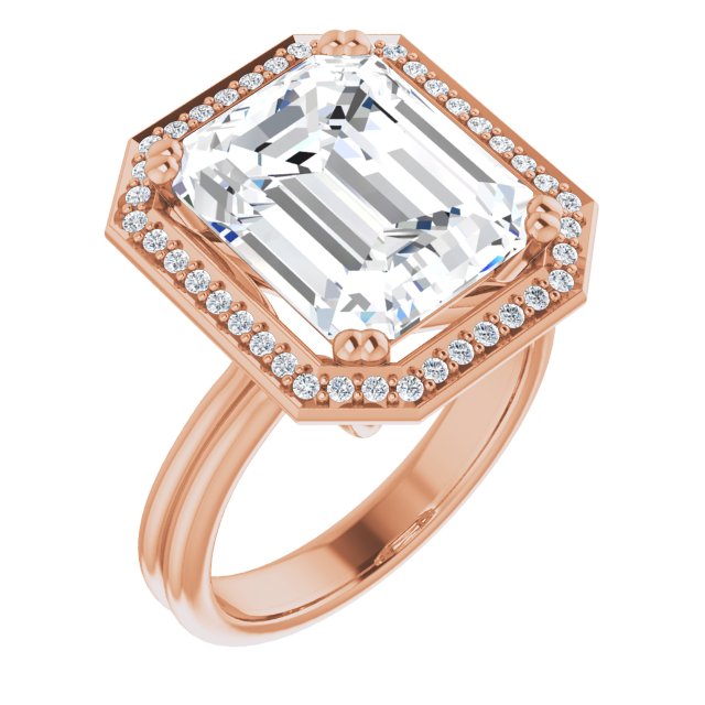 10K Rose Gold Customizable Emerald/Radiant Cut Style with Scooped Halo and Grooved Band