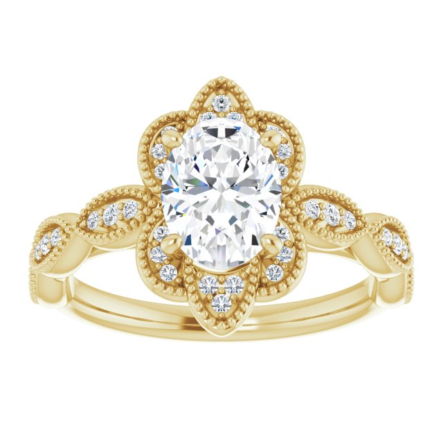 Cubic Zirconia Engagement Ring- The Huá (Customizable Cathedral-style Oval Cut Design with Floral Segmented Halo & Milgrain+Accents Band)