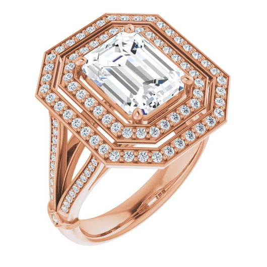 10K Rose Gold Customizable Cathedral-set Emerald/Radiant Cut Design with Double Halo, Wide Split-Shared Prong Band and Side Knuckle Accents