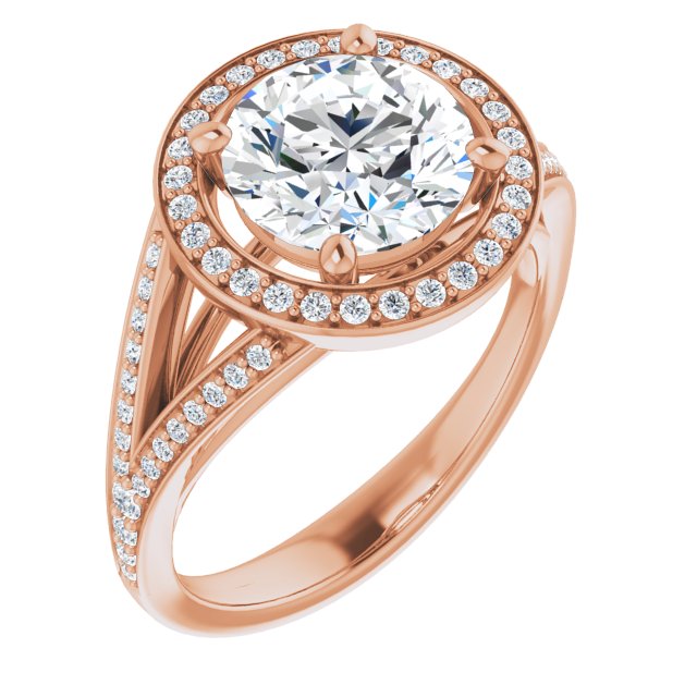 14K Rose Gold Customizable Cathedral-Halo Round Cut Style featuring Split-Shared Prong Band
