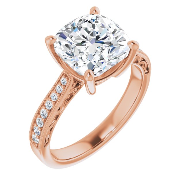 10K Rose Gold Customizable Cushion Cut Design with Round Band Accents and Three-sided Filigree Engraving