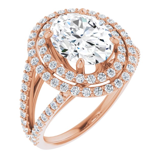 10K Rose Gold Customizable Oval Cut Design with Double Halo and Wide Split-Pavé Band