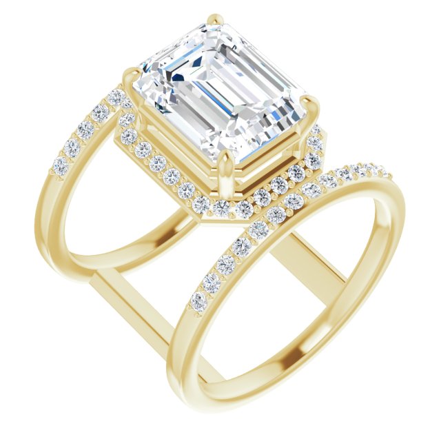 10K Yellow Gold Customizable Emerald/Radiant Cut Halo Design with Open, Ultrawide Harness Double Pavé Band