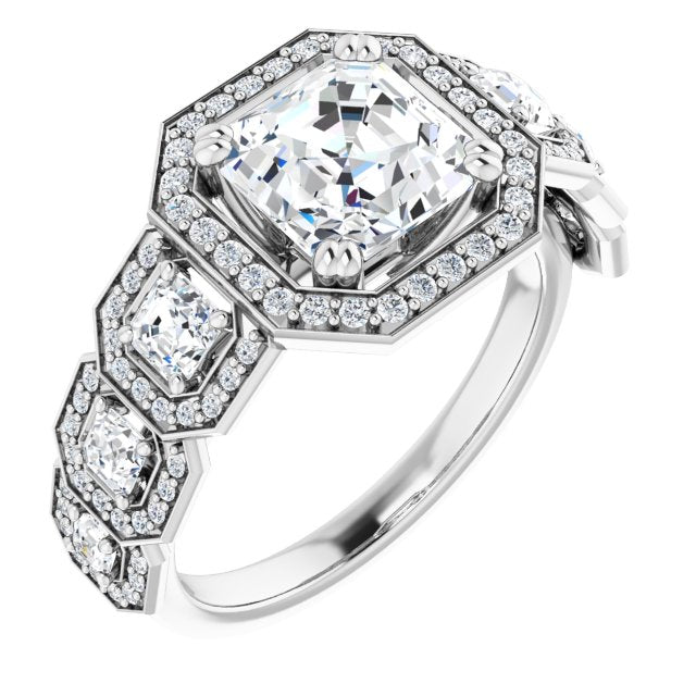 Cubic Zirconia Engagement Ring- The Carmela (Customizable Cathedral-Halo Asscher Cut Design with Six Halo-surrounded Asscher Cut Accents and Ultra-wide Band)