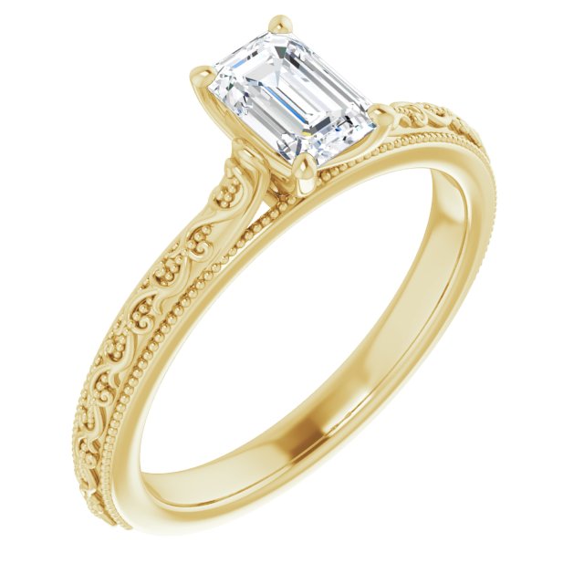 10K Yellow Gold Customizable Emerald/Radiant Cut Solitaire with Delicate Milgrain Filigree Band