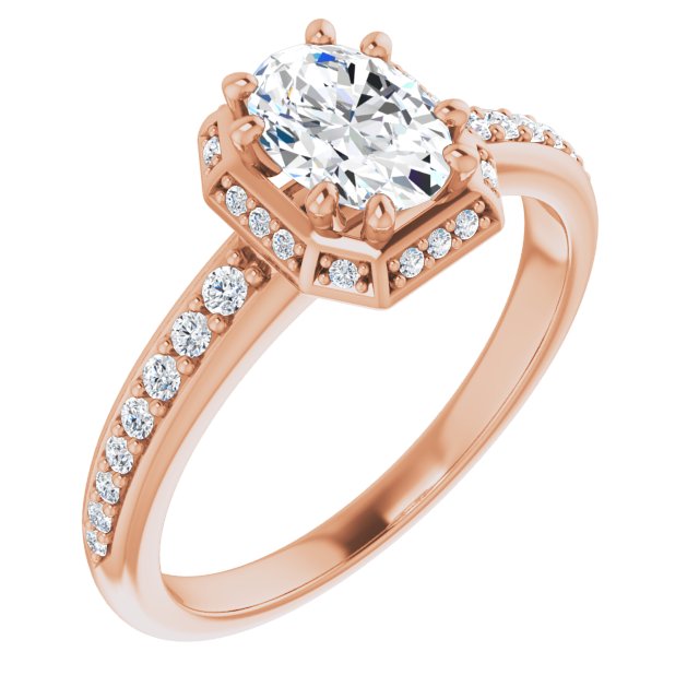 18K Rose Gold Customizable Oval Cut Design with Geometric Under-Halo and Shared Prong Band