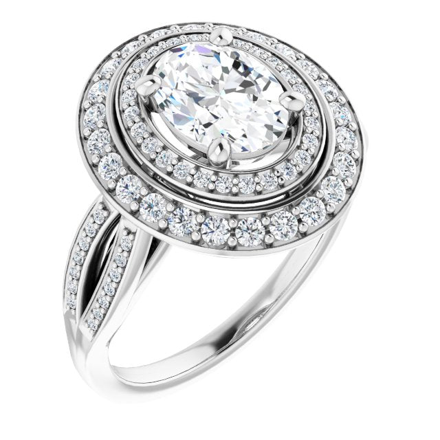 Cubic Zirconia Engagement Ring- The Henrika (Customizable Cathedral-style Oval Cut Design with Double Halo & Split-Pavé Band)