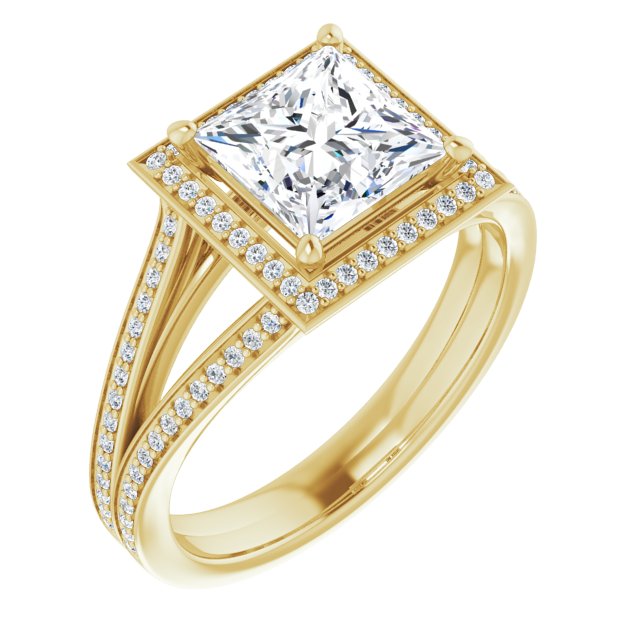 10K Yellow Gold Customizable Princess/Square Cut Design with Split-Band Shared Prong & Halo