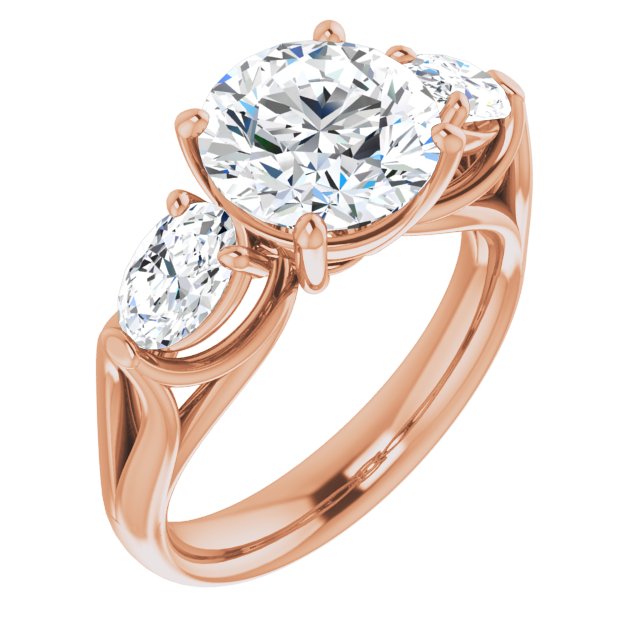 18K Rose Gold Customizable Cathedral-set 3-stone Round Cut Style with Dual Oval Cut Accents & Wide Split Band