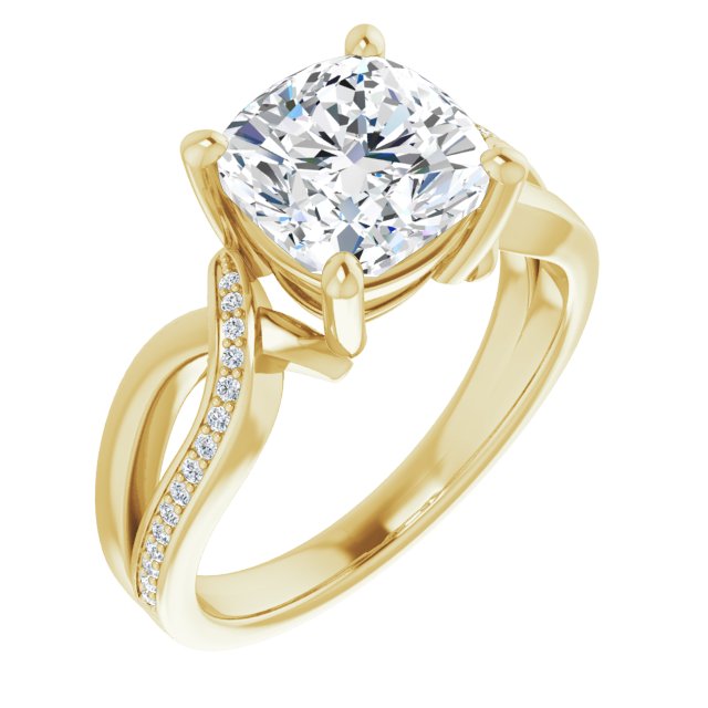 10K Yellow Gold Customizable Cushion Cut Center with Curving Split-Band featuring One Shared Prong Leg