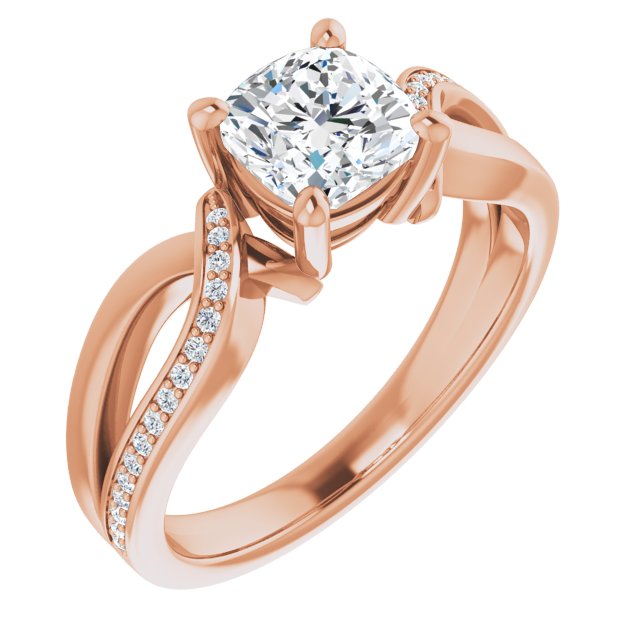 18K Rose Gold Customizable Cushion Cut Center with Curving Split-Band featuring One Shared Prong Leg