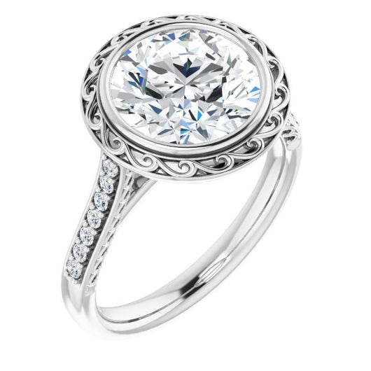10K White Gold Customizable Cathedral-Bezel Round Cut Design featuring Accented Band with Filigree Inlay
