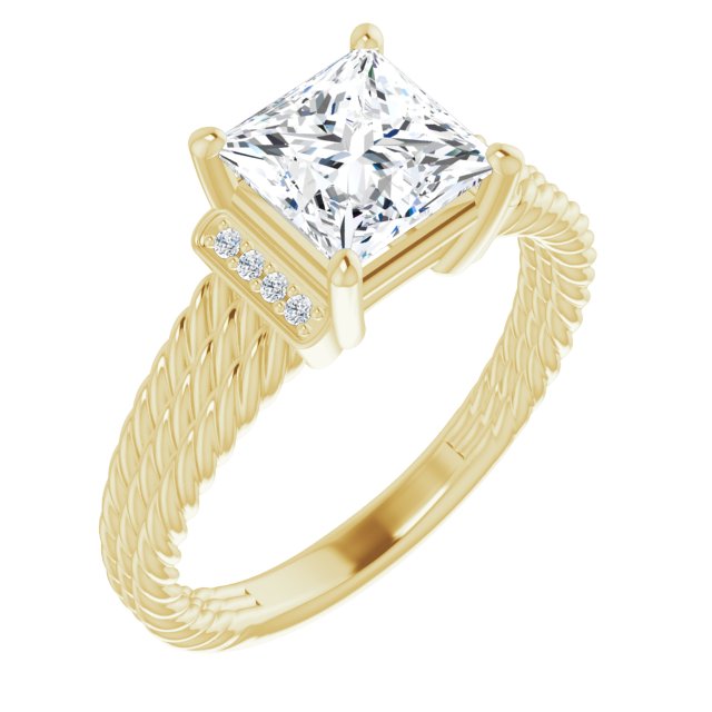 10K Yellow Gold Customizable 11-stone Design featuring Princess/Square Cut Center, Vertical Round-Channel Accents & Wide Triple-Rope Band