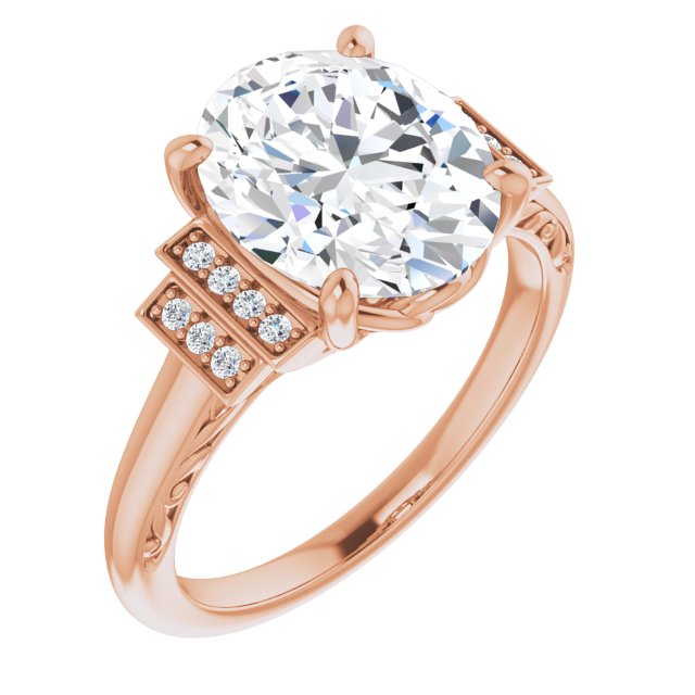 10K Rose Gold Customizable Engraved Design with Oval Cut Center and Perpendicular Band Accents