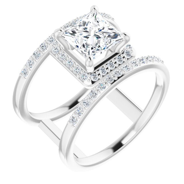 10K White Gold Customizable Princess/Square Cut Halo Design with Open, Ultrawide Harness Double Pavé Band