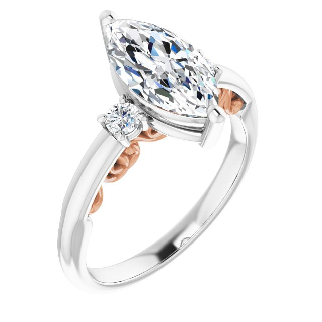 14K White & Rose Gold Customizable Marquise Cut 3-stone Style featuring Heart-Motif Band Enhancement